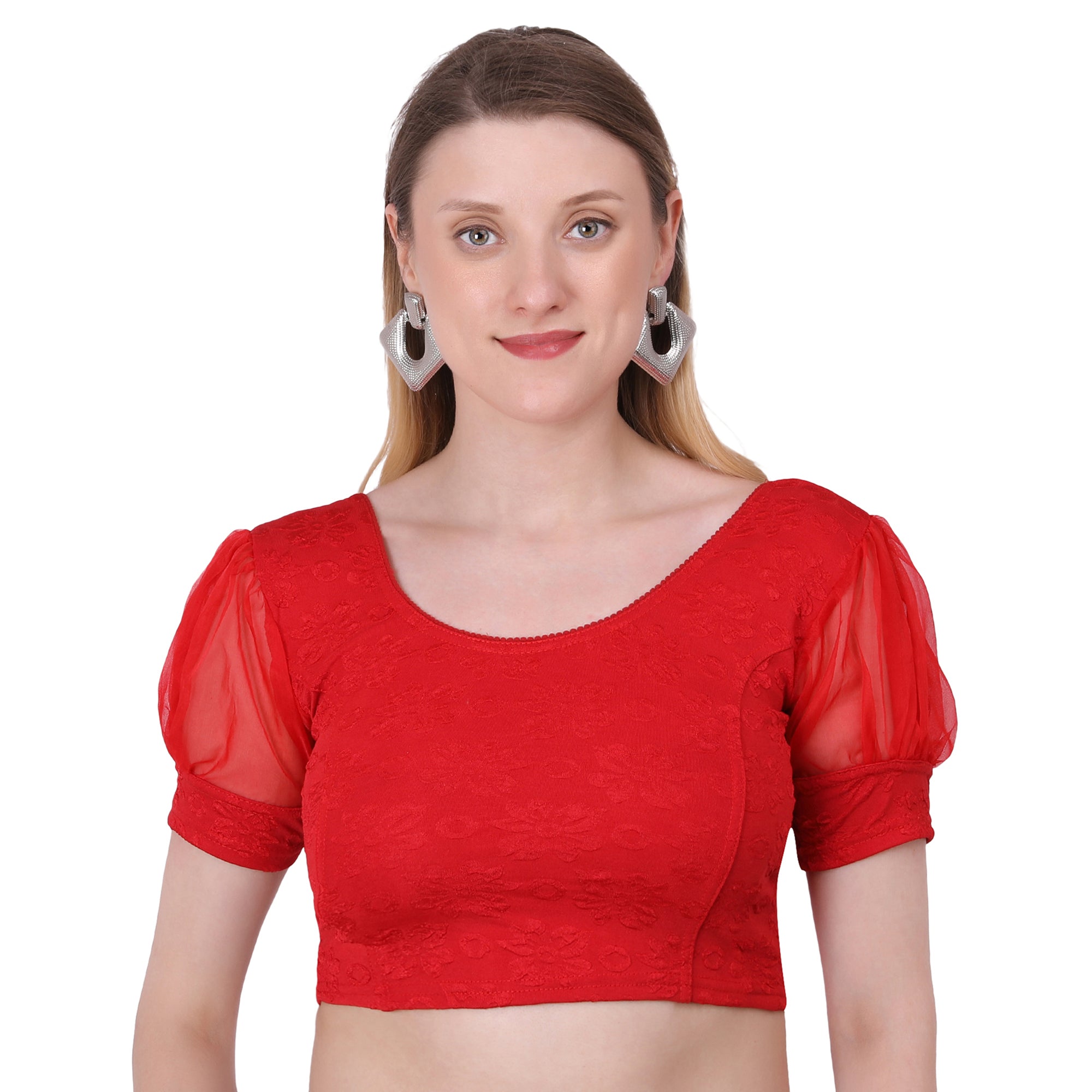Vamika Cotton Lycra Stretchable Fabric Red Balloon Sleeves Blouse | Grocsy