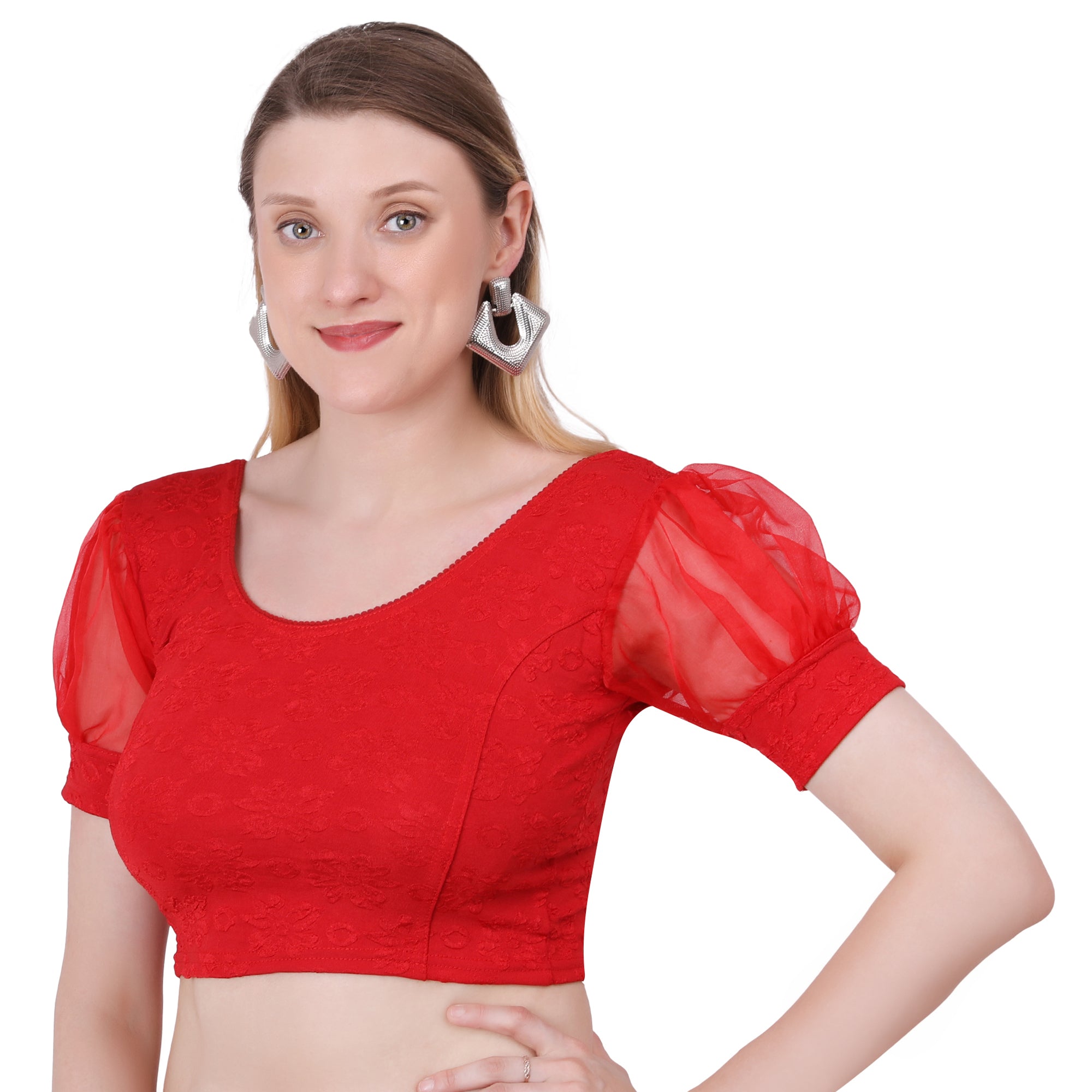 Vamika Cotton Lycra Stretchable Fabric Red Balloon Sleeves Blouse | Grocsy