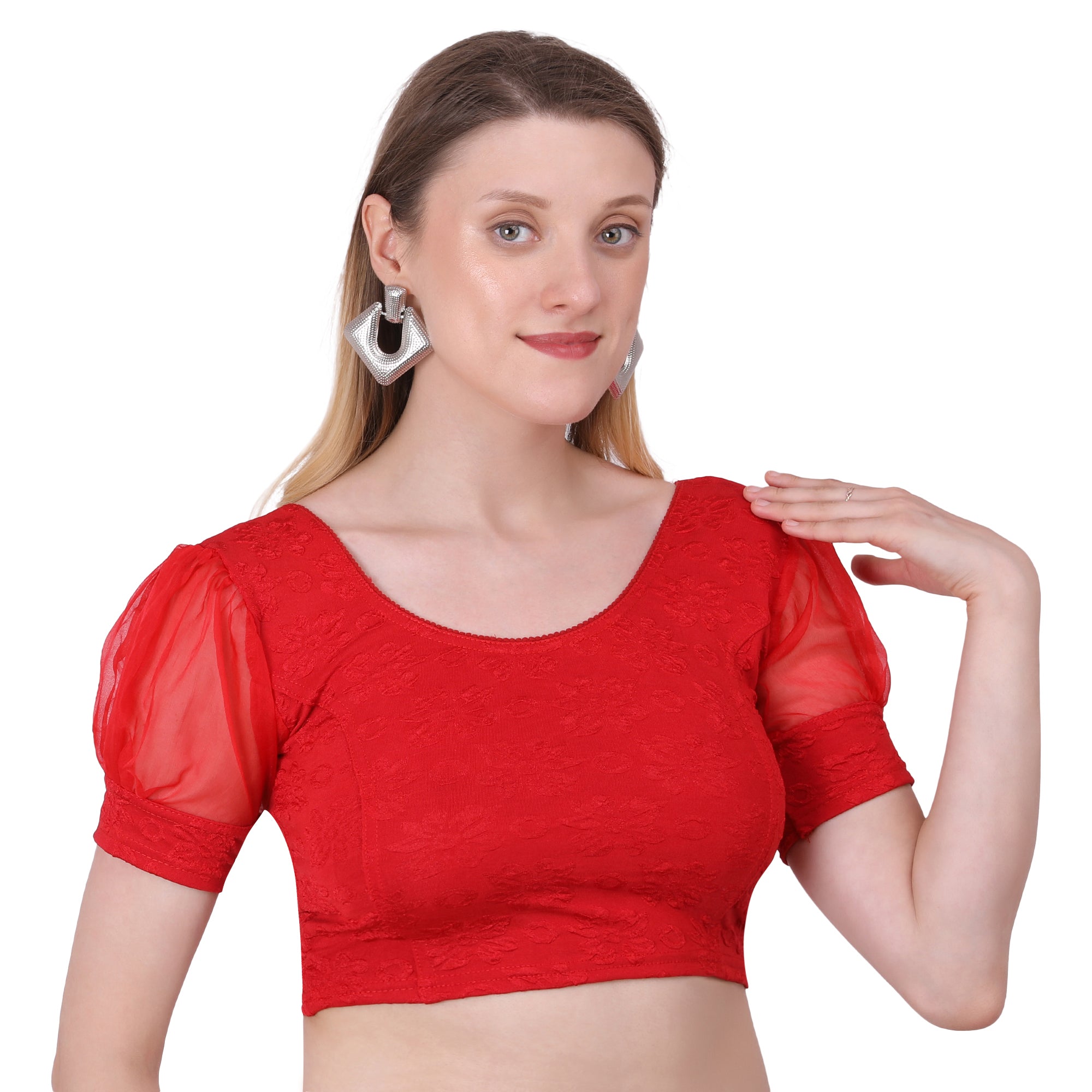 Vamika Cotton Lycra Stretchable Fabric Red Balloon Sleeves Blouse | Grocsy