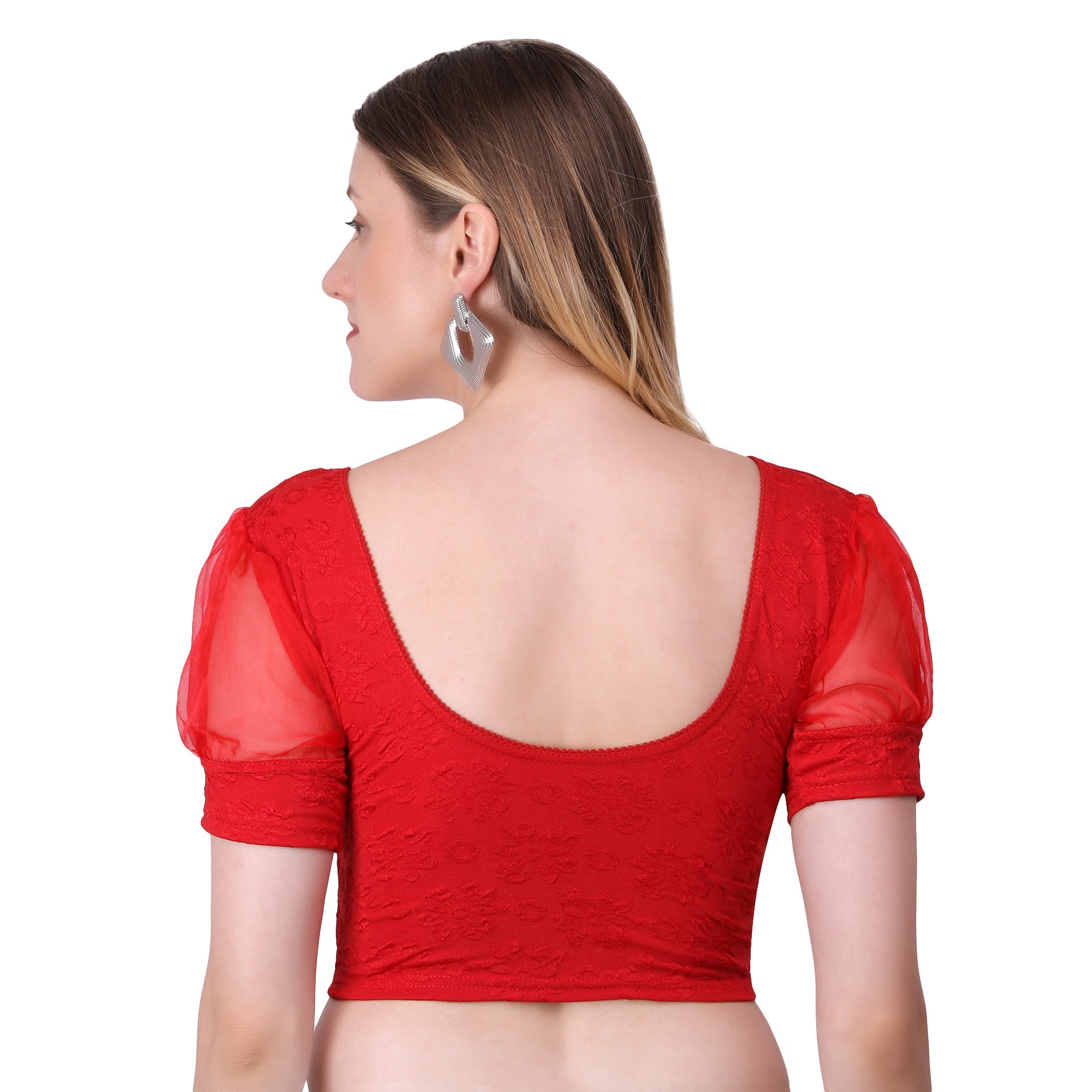 Vamika Cotton Lycra Stretchable Fabric Red Balloon Sleeves Blouse | Grocsy