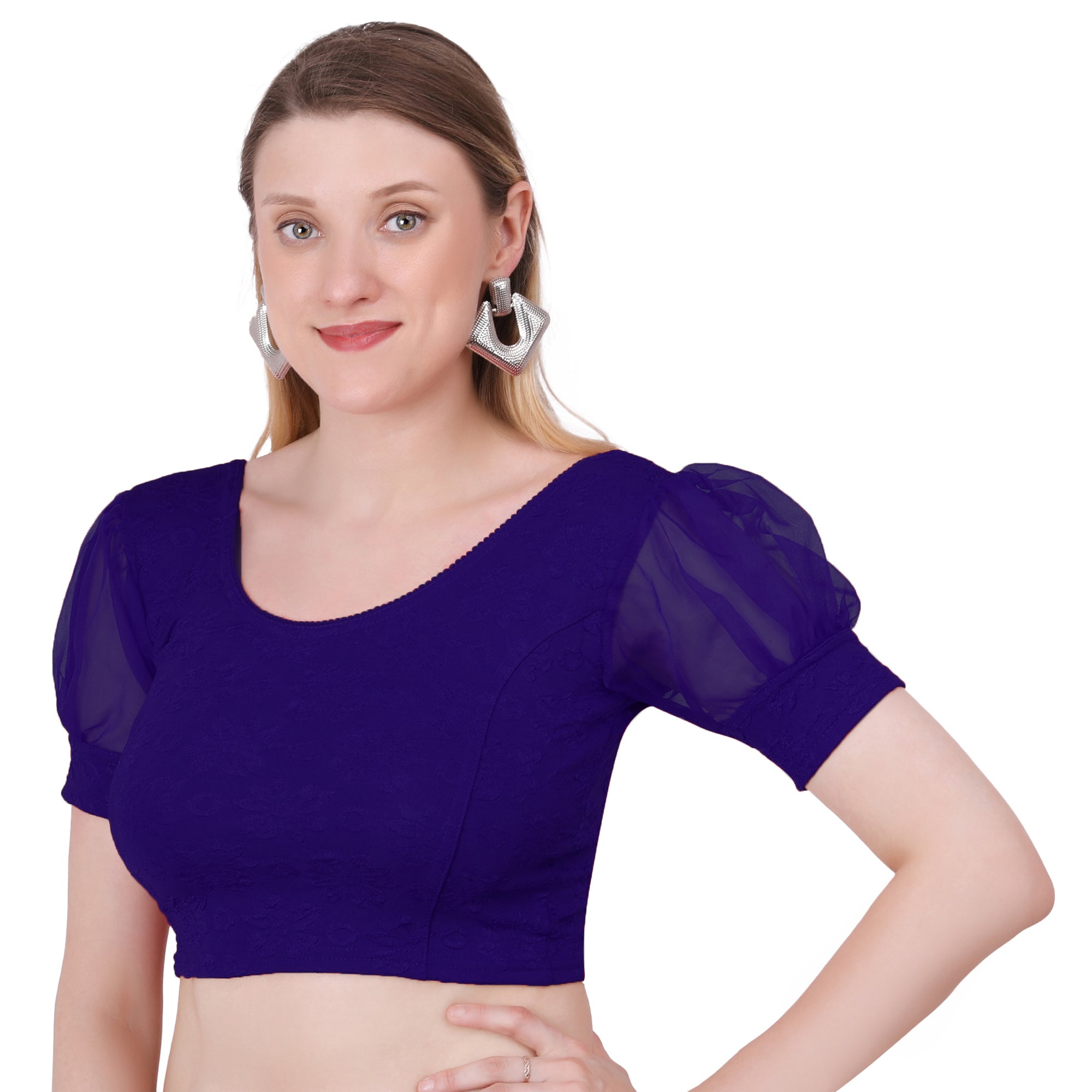 Vamika Cotton Lycra Stretchable Fabric Violet Balloon Sleeves Blouse | Grocsy