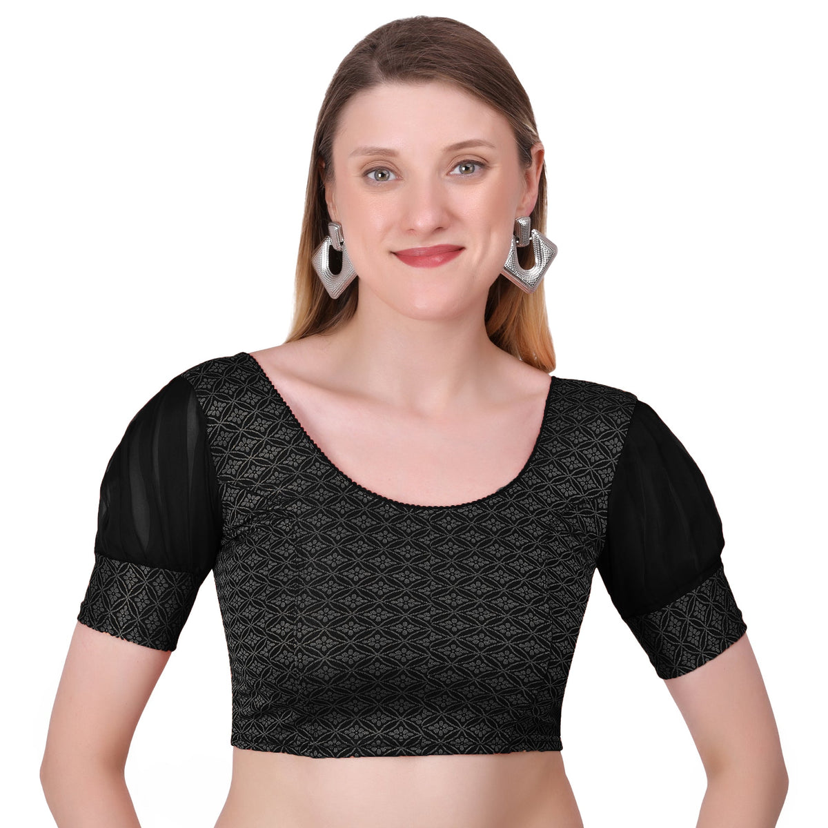 Vamika Heavy Double Phase Fabric Black Balloon Sleeves Blouse | Grocsy