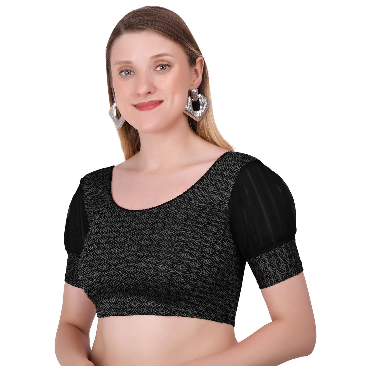 Vamika Heavy Double Phase Fabric Black Balloon Sleeves Blouse | Grocsy