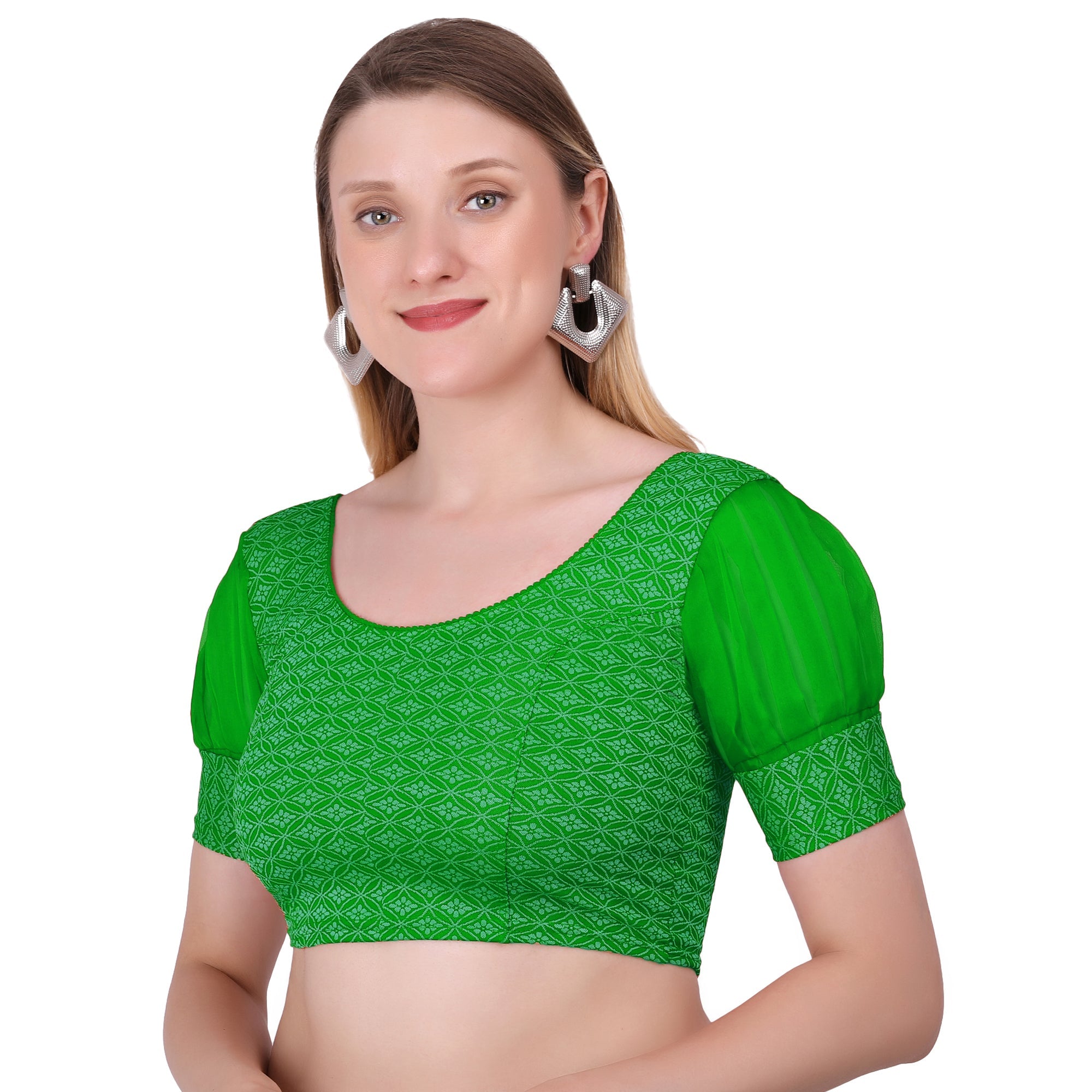 Vamika Heavy Double Phase Fabric Green Balloon Sleeves Blouse | Grocsy