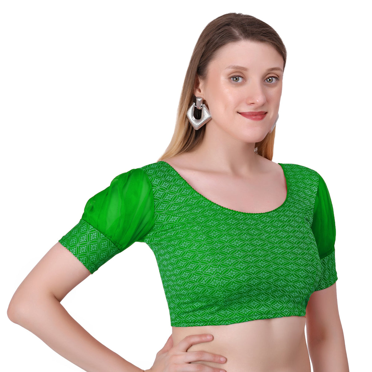Vamika Heavy Double Phase Fabric Green Balloon Sleeves Blouse | Grocsy