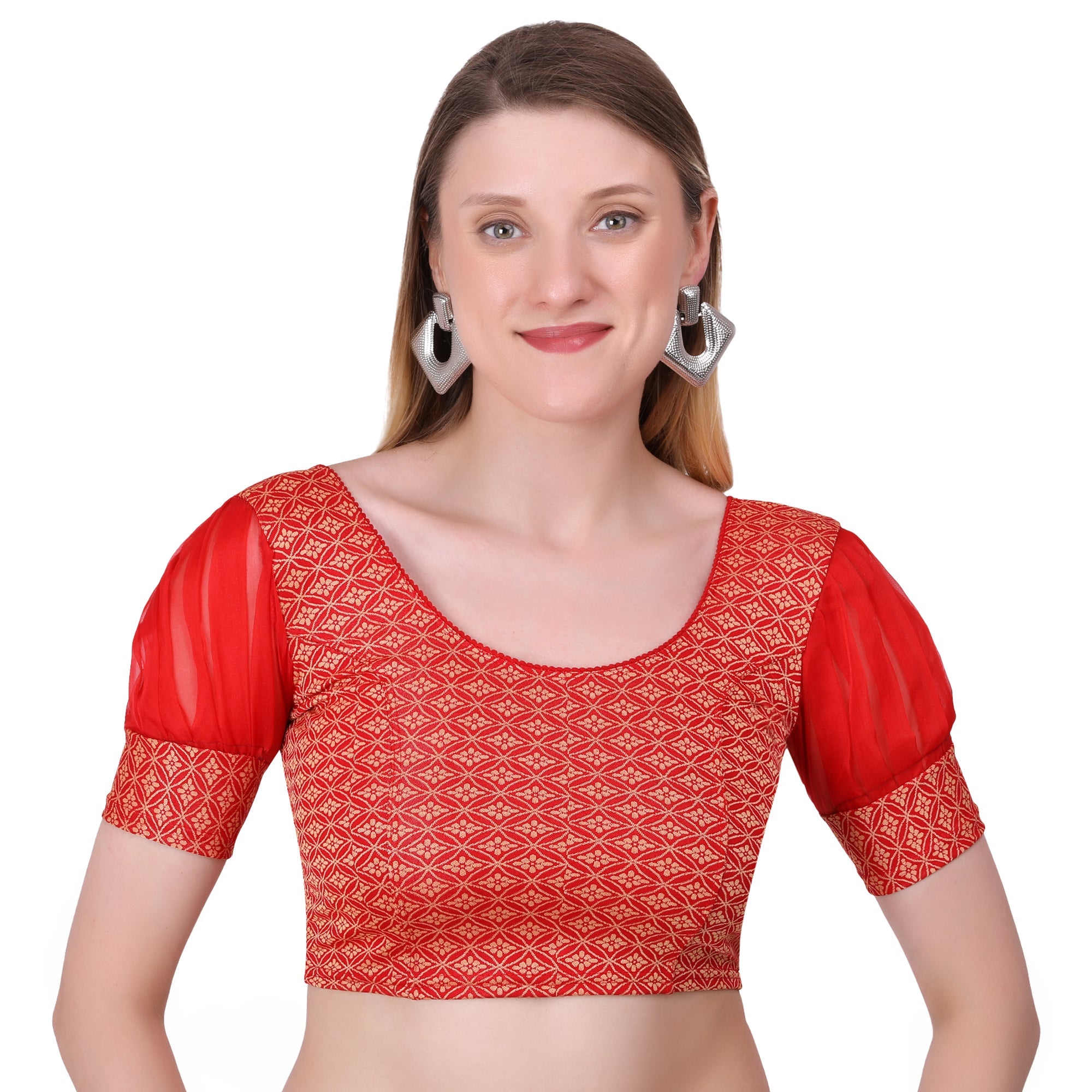Vamika Heavy Double Phase Fabric Red Balloon Sleeves Blouse | Grocsy