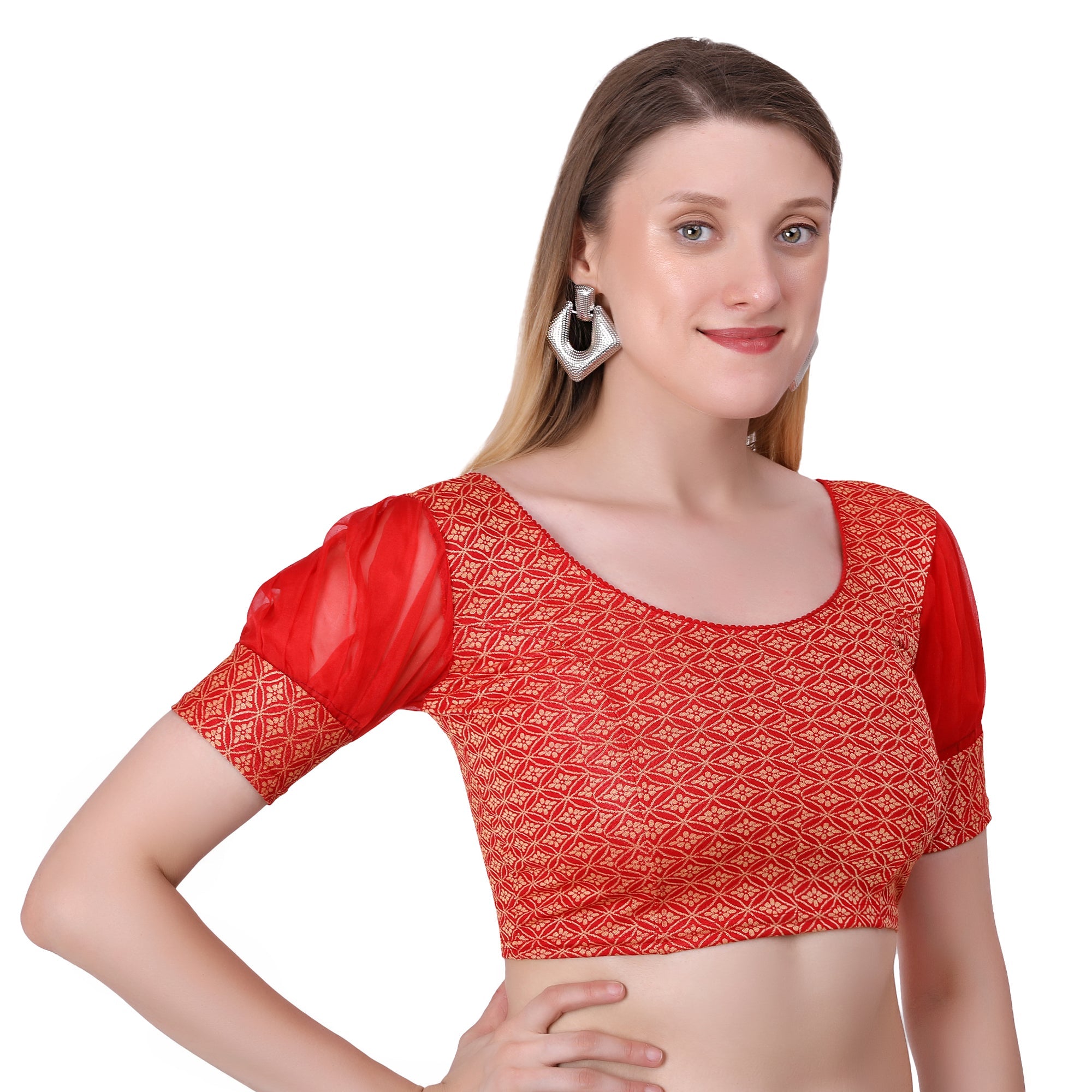 Vamika Heavy Double Phase Fabric Red Balloon Sleeves Blouse | Grocsy