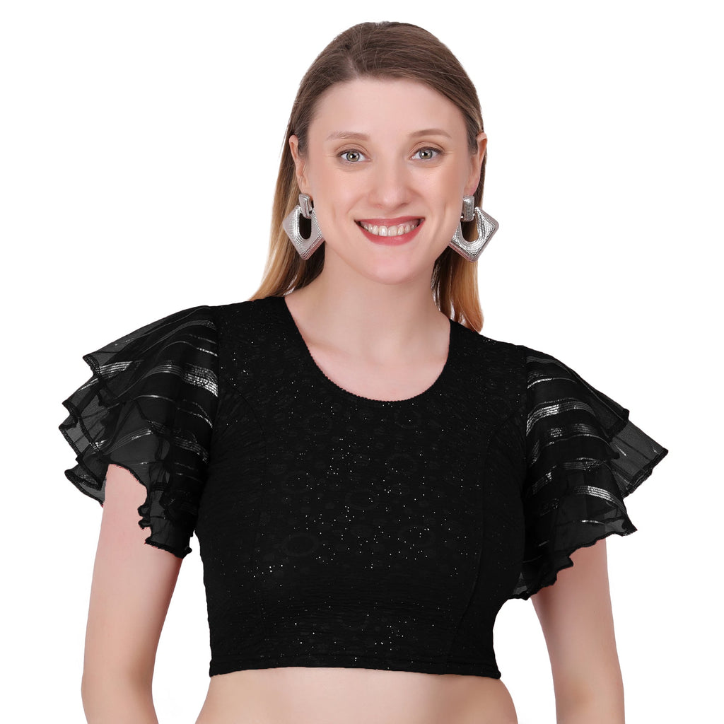 Vamika Crush Lycra Black Frill Sleeves Blouse | Grocsy