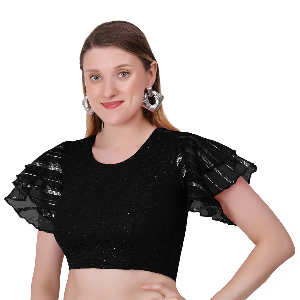 Vamika Crush Lycra Black Frill Sleeves Blouse | Grocsy