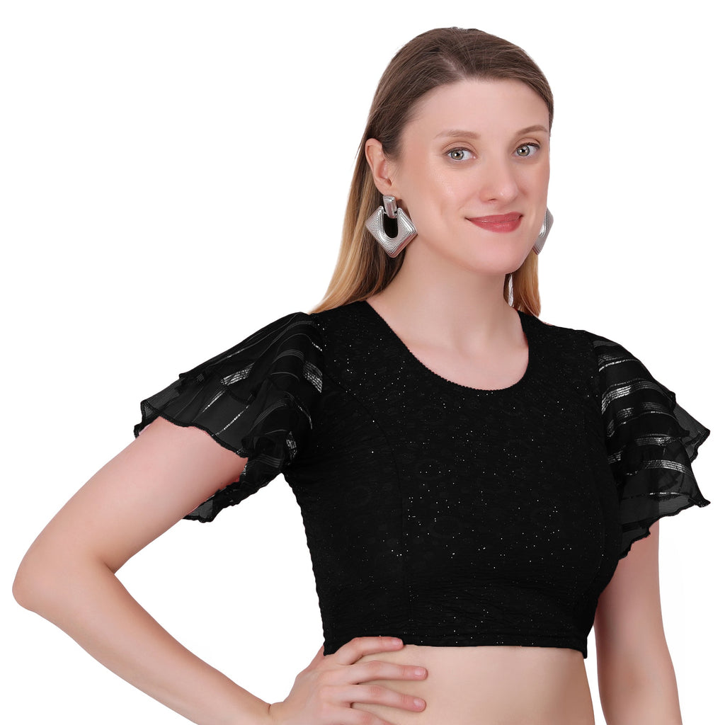 Vamika Crush Lycra Black Frill Sleeves Blouse | Grocsy