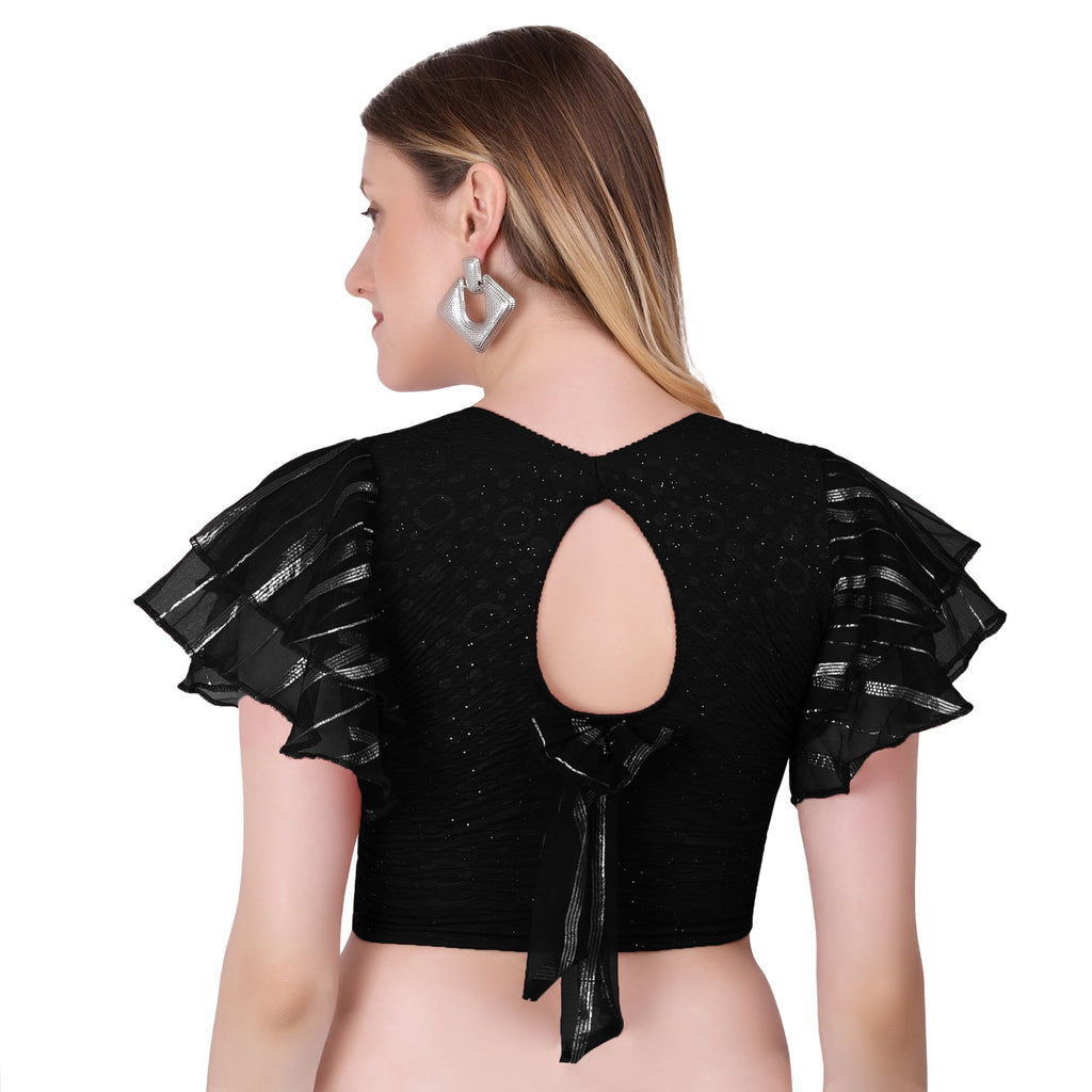 Vamika Crush Lycra Black Frill Sleeves Blouse | Grocsy