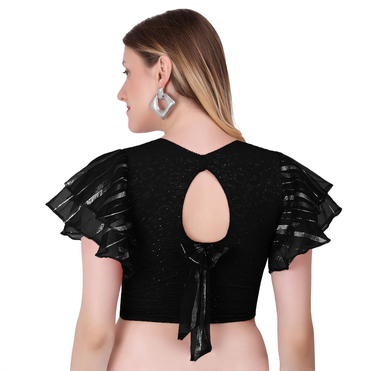 Vamika Crush Lycra Black Frill Sleeves Blouse | Grocsy