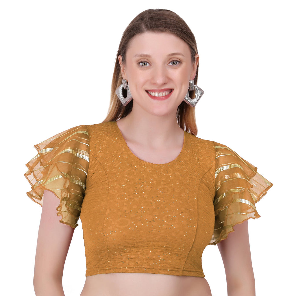 Vamika Crush Lycra Gold Frill Sleeves Blouse | Grocsy