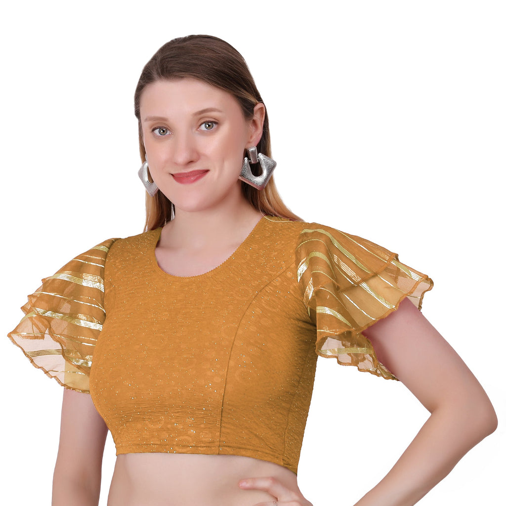 Vamika Crush Lycra Gold Frill Sleeves Blouse | Grocsy