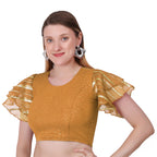 Vamika Crush Lycra Gold Frill Sleeves Blouse | Grocsy