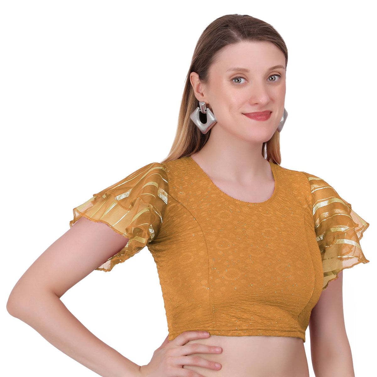 Vamika Crush Lycra Gold Frill Sleeves Blouse | Grocsy