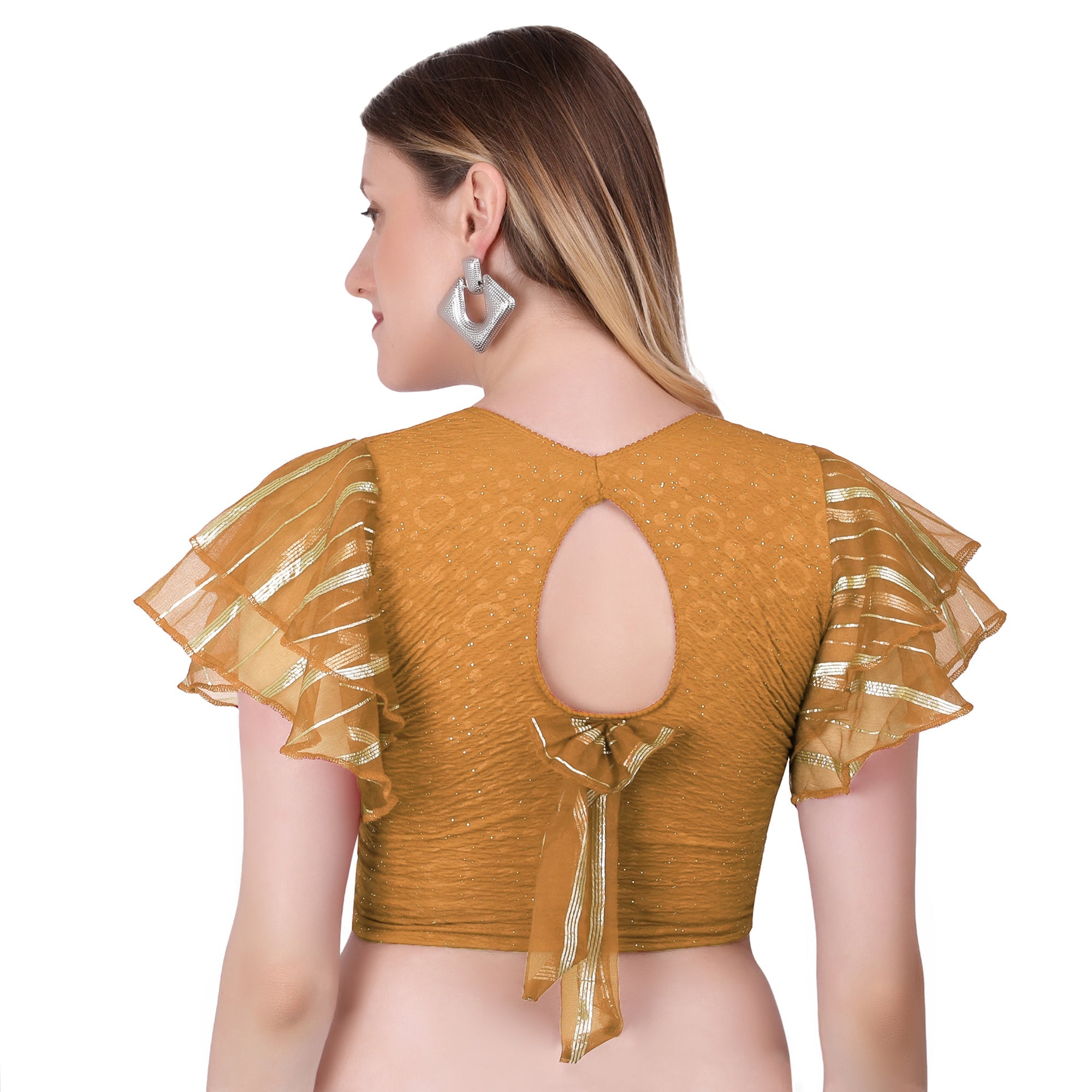 Vamika Crush Lycra Gold Frill Sleeves Blouse | Grocsy