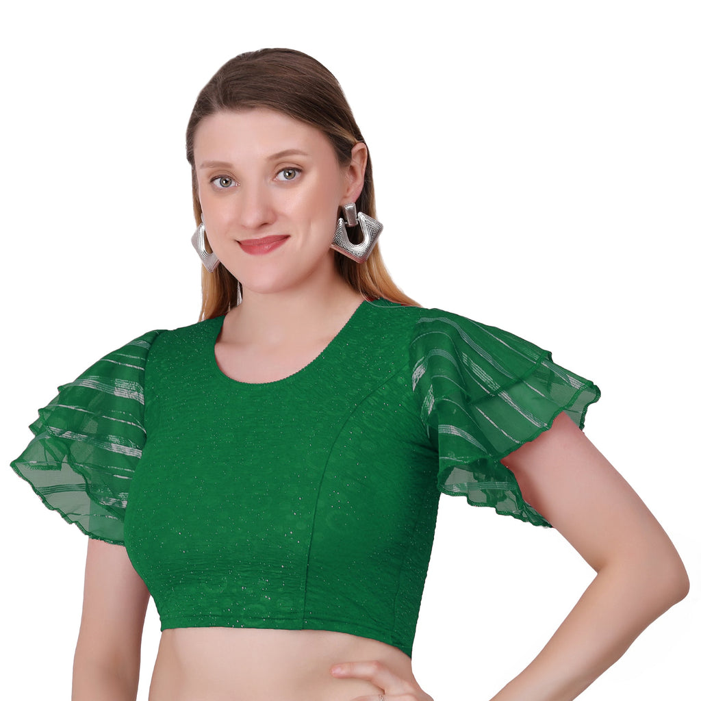Vamika Crush Lycra Green Frill Sleeves Blouse | Grocsy