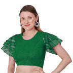 Vamika Crush Lycra Green Frill Sleeves Blouse | Grocsy