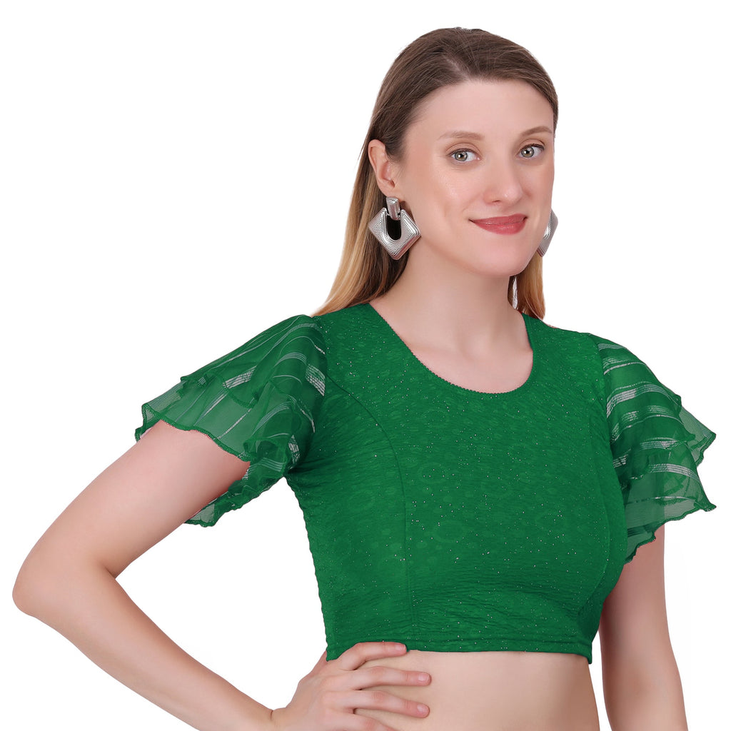 Vamika Crush Lycra Green Frill Sleeves Blouse | Grocsy