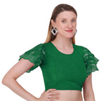 Vamika Crush Lycra Green Frill Sleeves Blouse | Grocsy