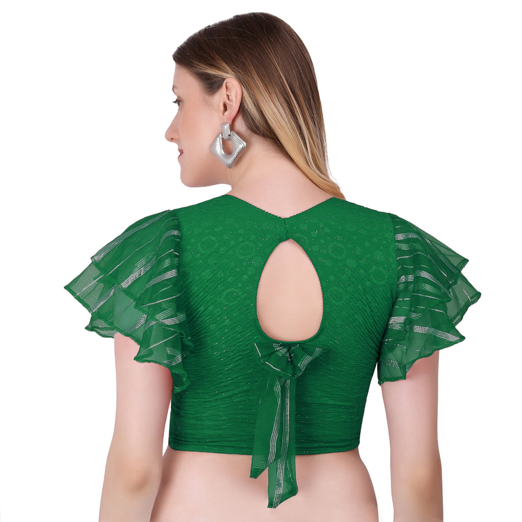 Vamika Crush Lycra Green Frill Sleeves Blouse | Grocsy