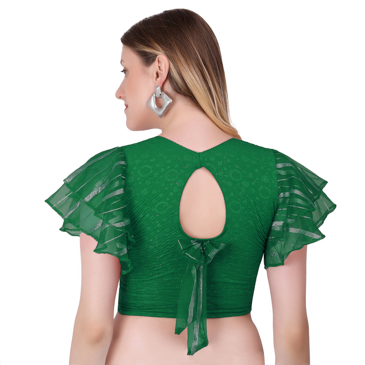 Vamika Crush Lycra Green Frill Sleeves Blouse | Grocsy