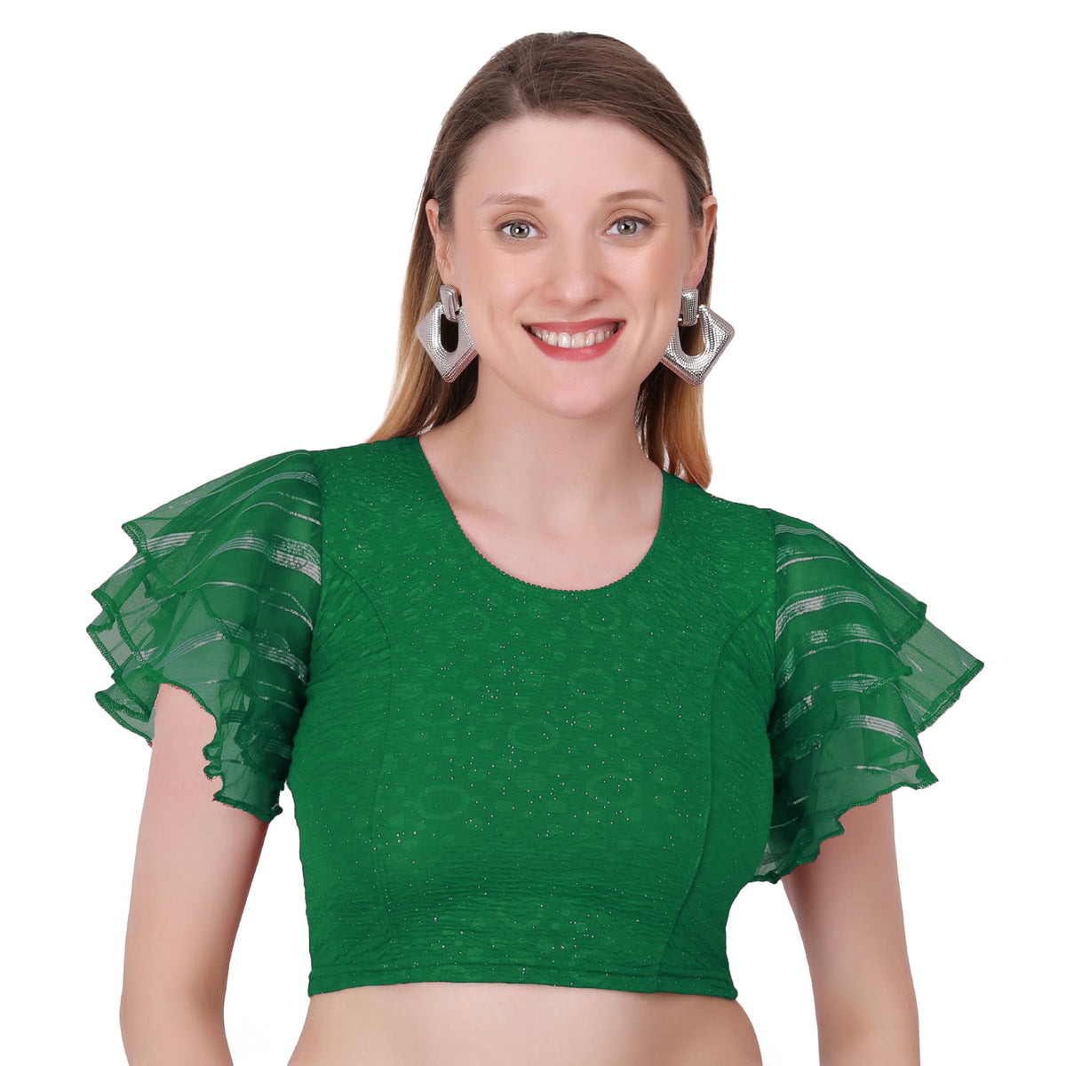 Vamika Crush Lycra Green Frill Sleeves Blouse | Grocsy