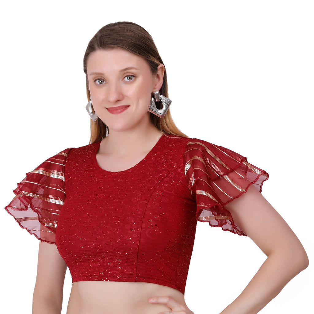 Vamika Crush Lycra Maroon Frill Sleeves Blouse | Grocsy