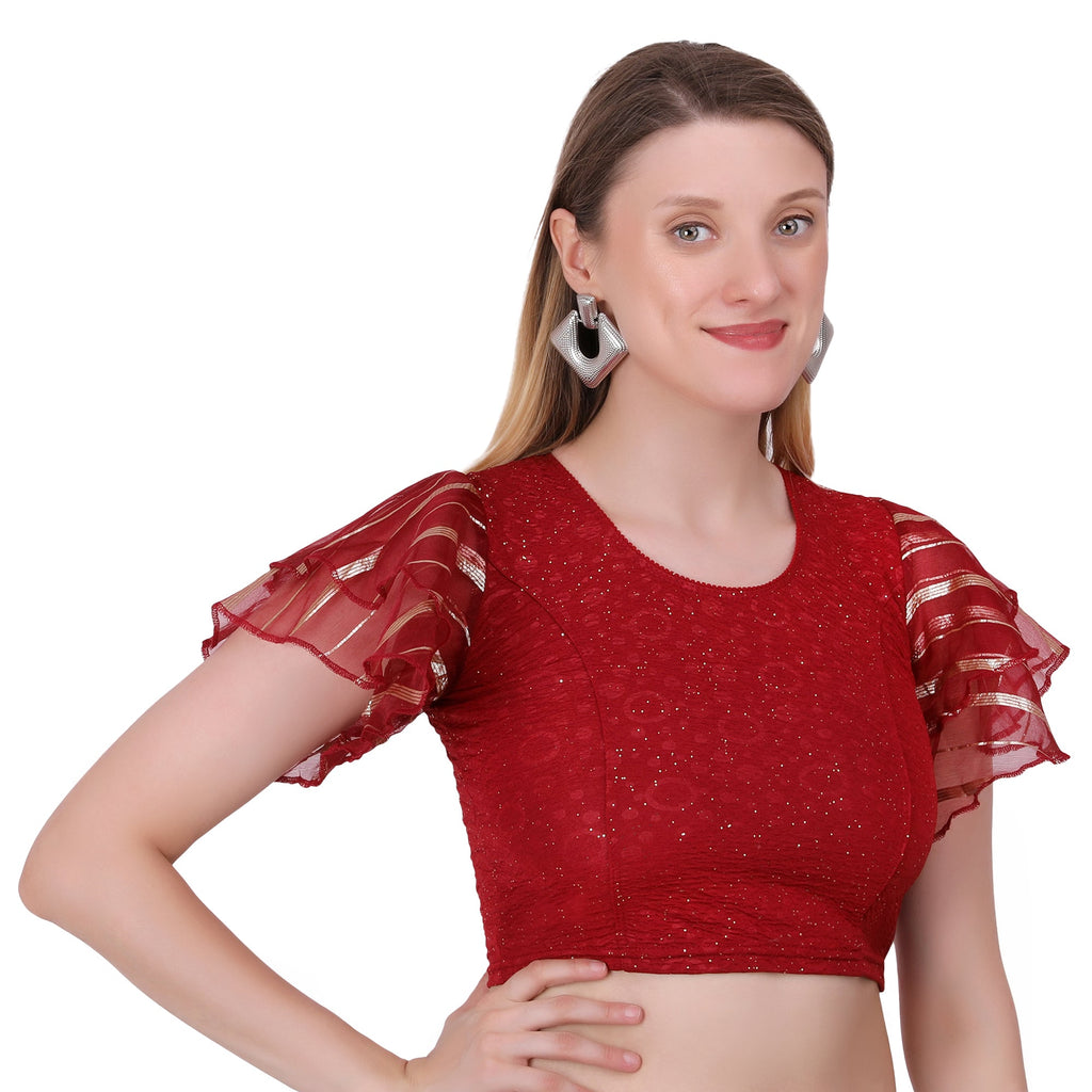 Vamika Crush Lycra Maroon Frill Sleeves Blouse | Grocsy