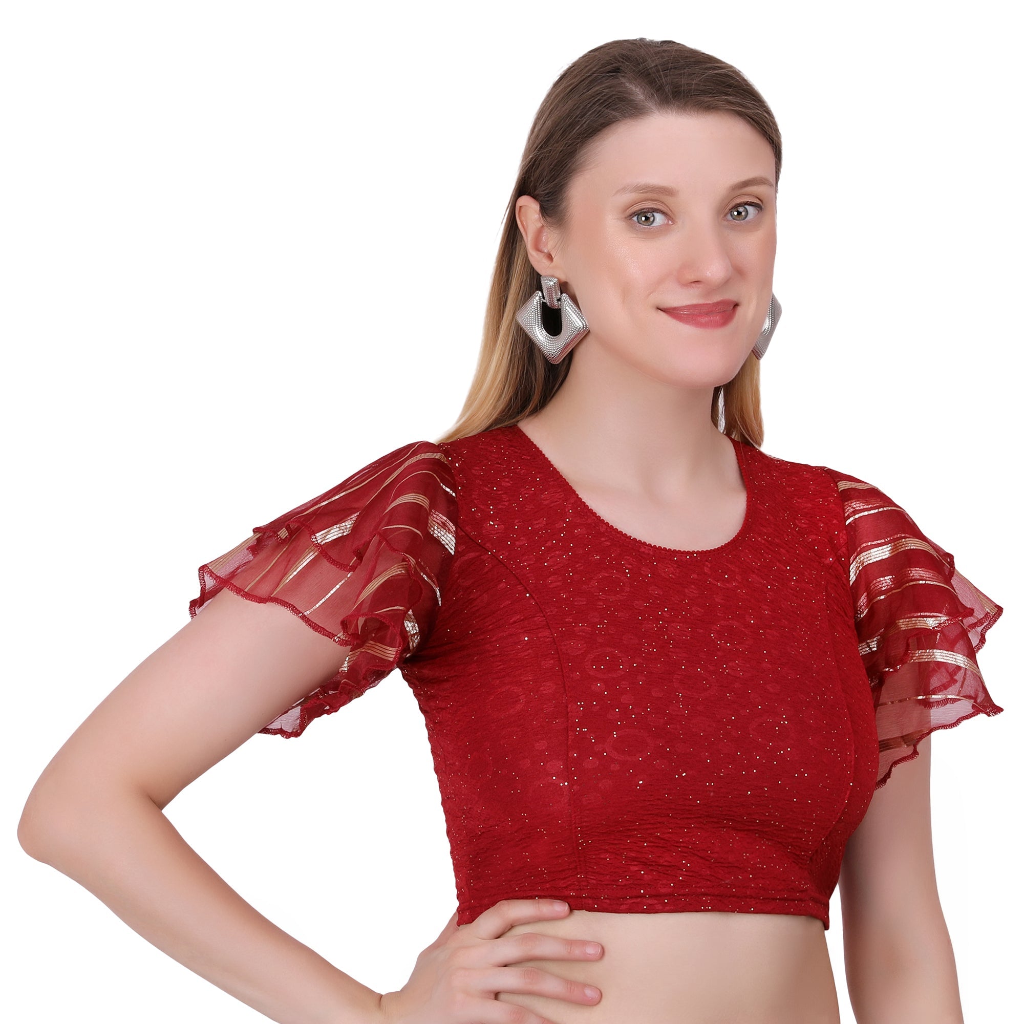 Vamika Crush Lycra Maroon Frill Sleeves Blouse | Grocsy