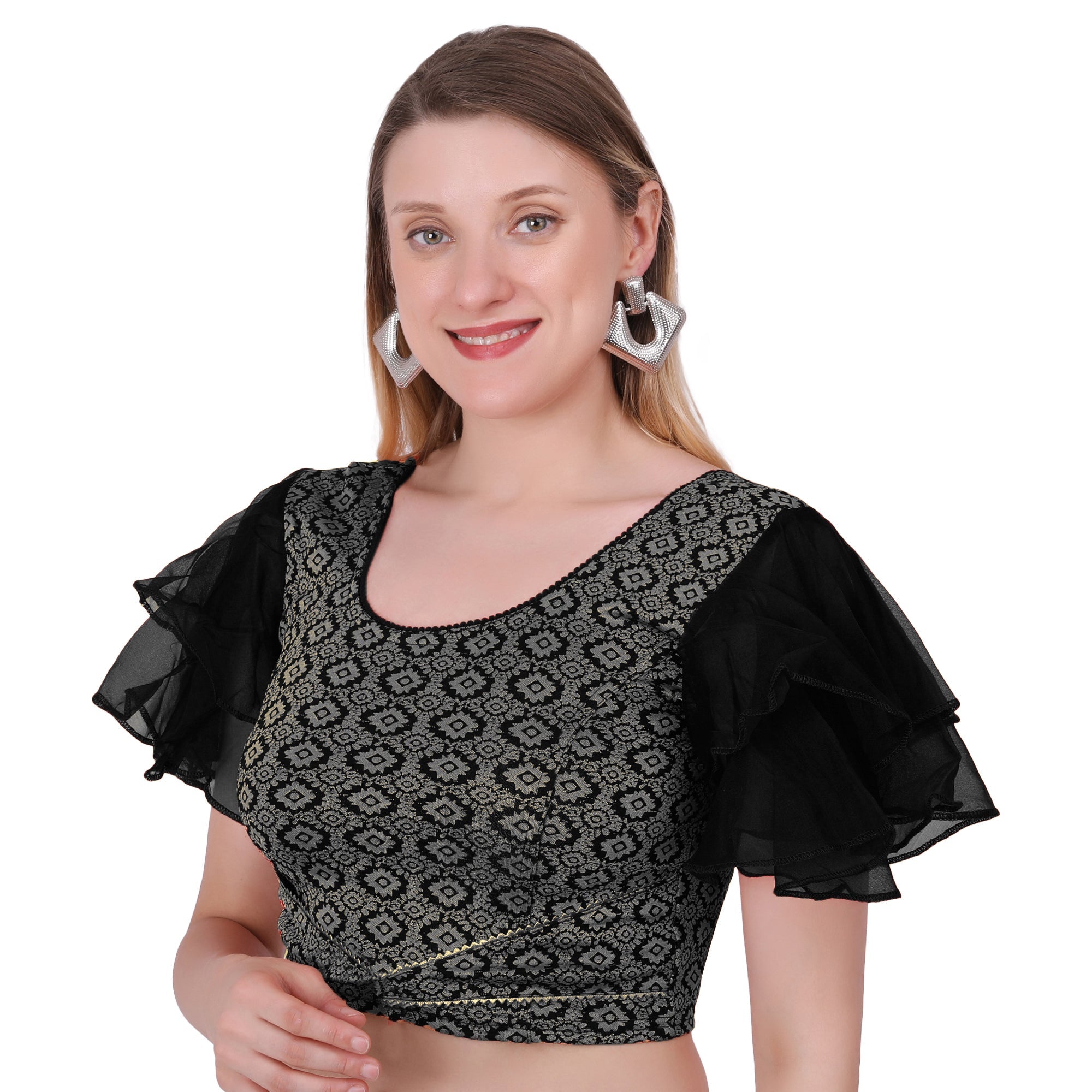 Vamika Hosiery Black Butterfly Frill Sleeves Blouse | Grocsy