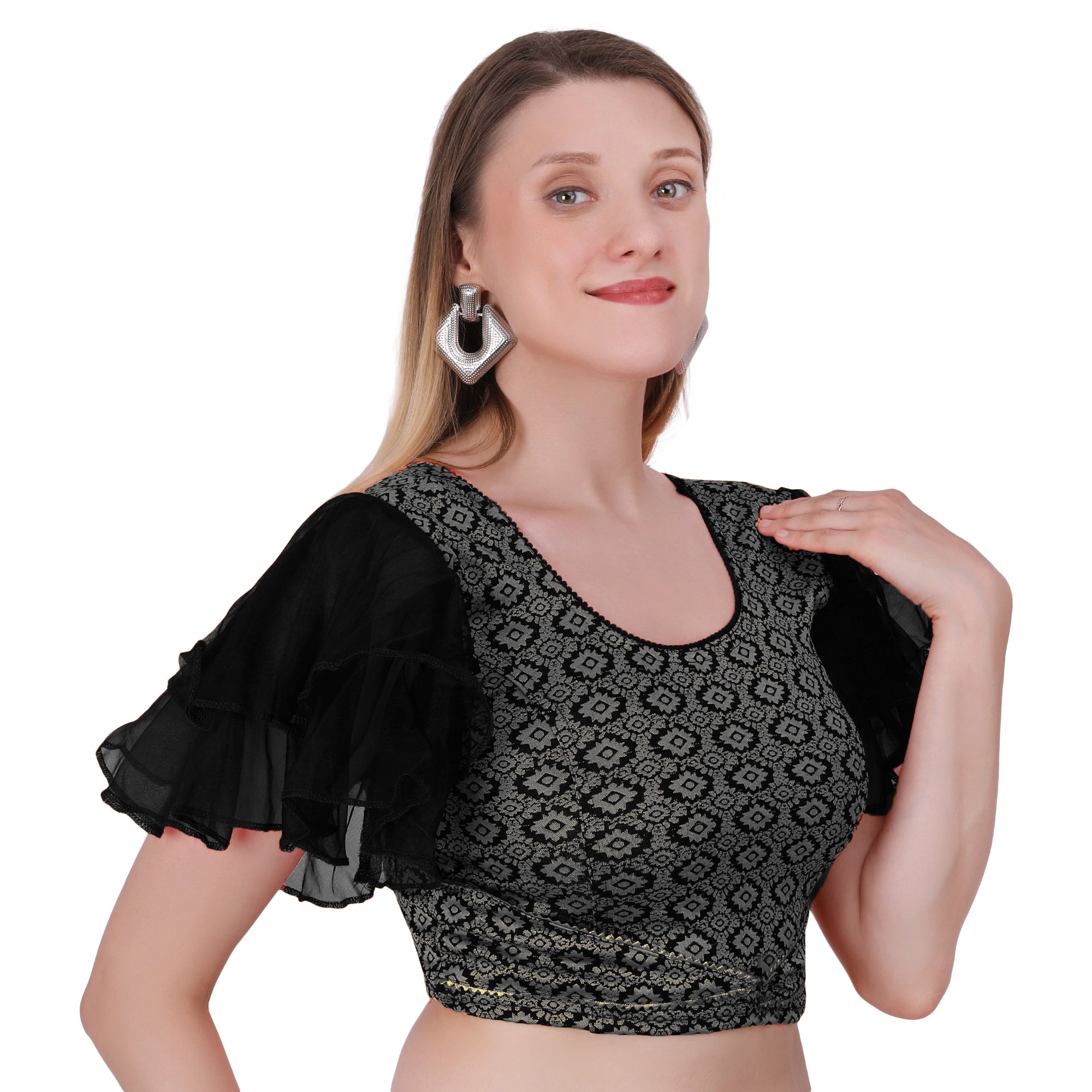 Vamika Hosiery Black Butterfly Frill Sleeves Blouse | Grocsy