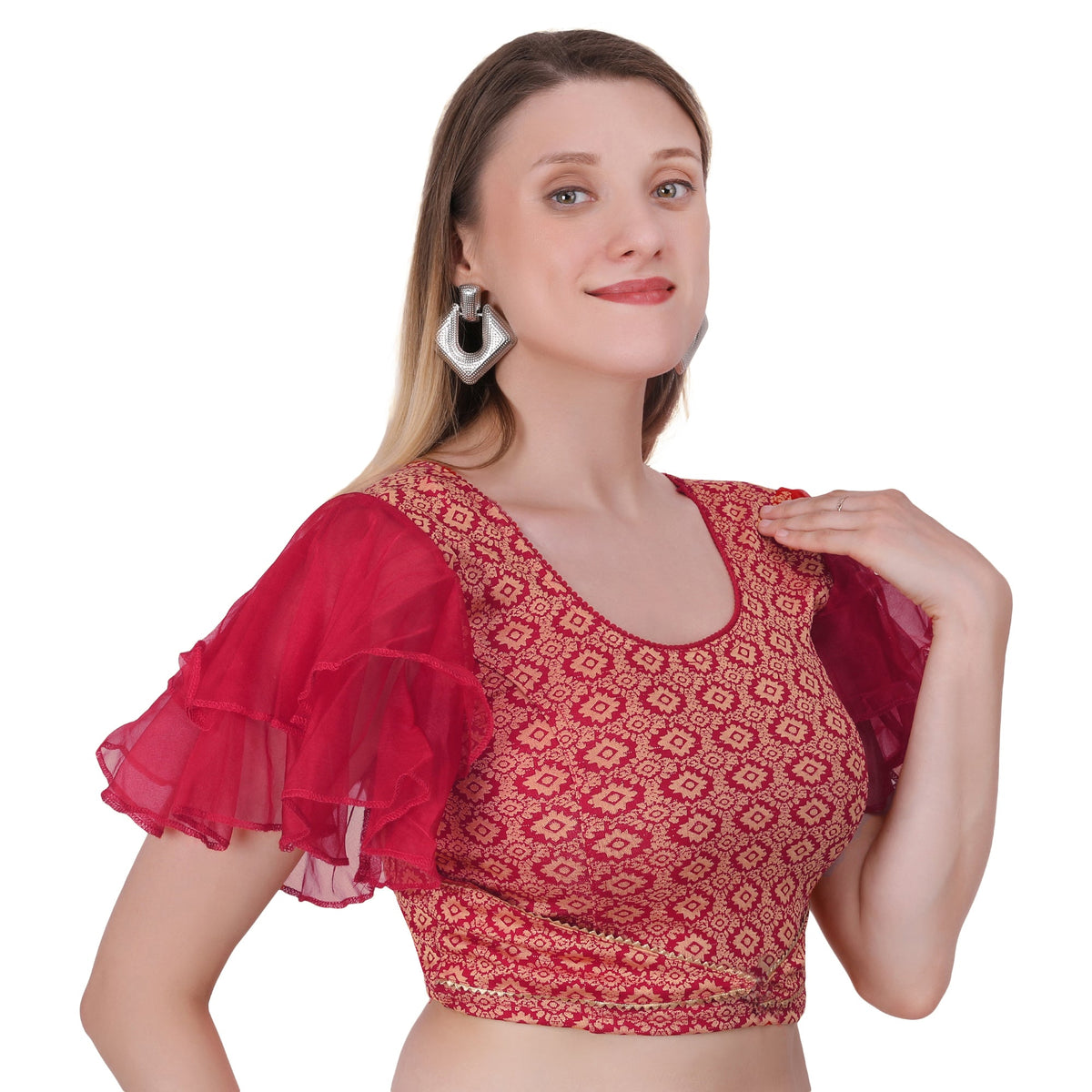 Vamika Hosiery Maroon Butterfly Frill Sleeves Blouse | Grocsy