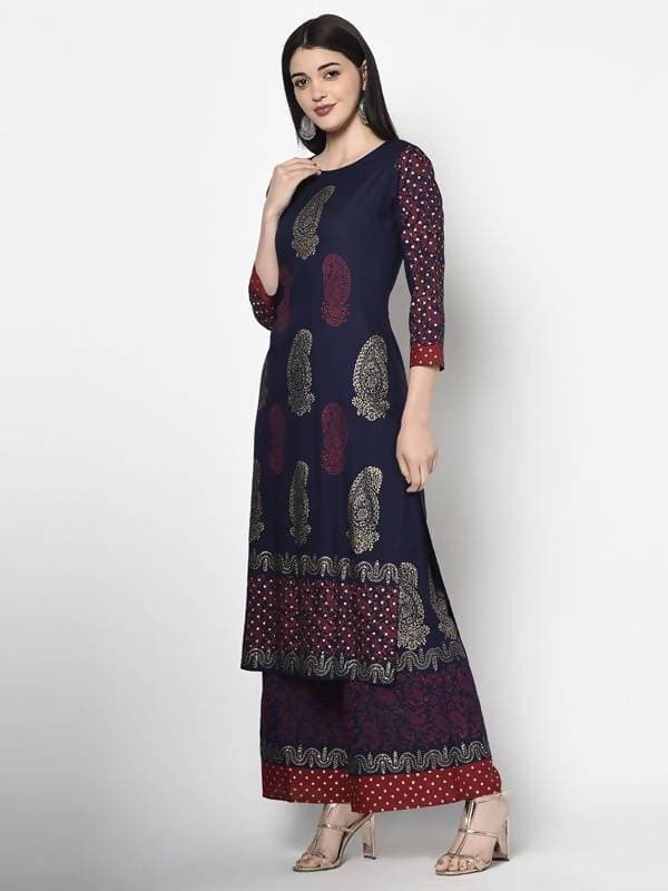 Aniyah Rayon Navy Blue Color Block Print Straight kurta (AN-180K) | Grocsy