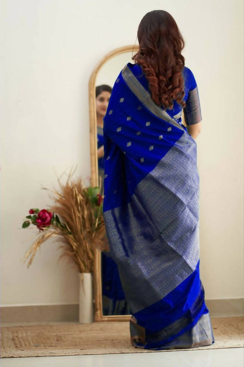 DEIANA'S Beautiful Designer Golden zari Soft Lichi Silk Saree - Royal Blue | Grocsy