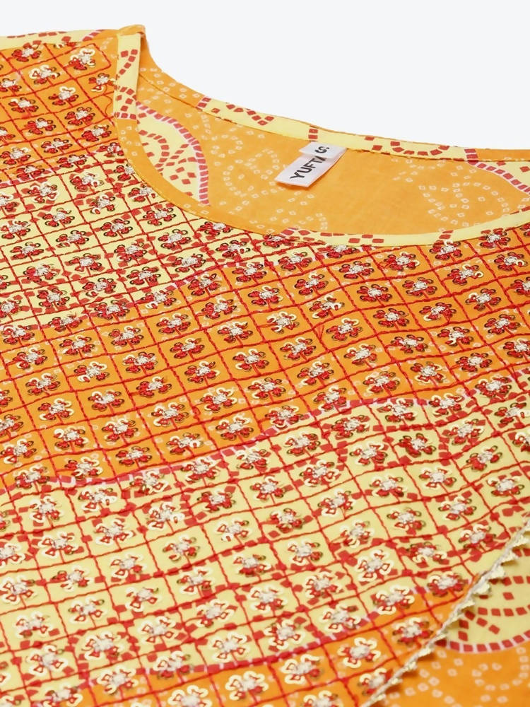 Yufta Women Yellow & White Bandhani Printed Kurta with Trouser | Grocsy