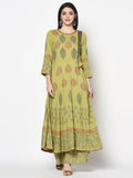 Aniyah Rayon Parrot Green Color Block Print Anarkali Kurta (AN-195K) | Grocsy