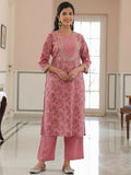 Aramya Straight Soft Cotton Floral Print Women's Kurta Set - Pink | Grocsy
