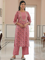 Aramya Straight Soft Cotton Floral Print Women's Kurta Set - Pink | Grocsy