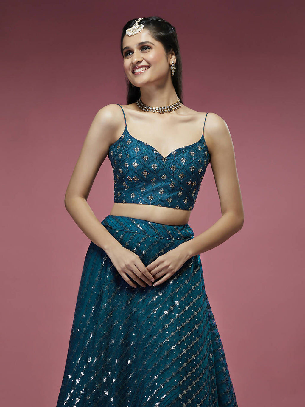 House of Panchhi Teal Net Sequinse Embroidered Lehenga & Blouse with Dupatta | Grocsy
