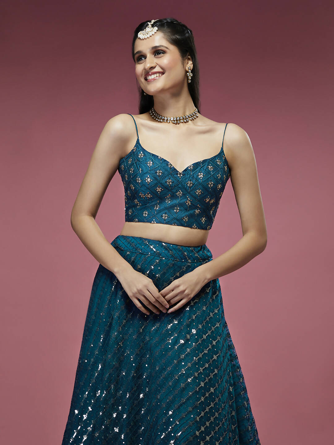 House of Panchhi Teal Net Sequinse Embroidered Lehenga & Blouse with Dupatta | Grocsy