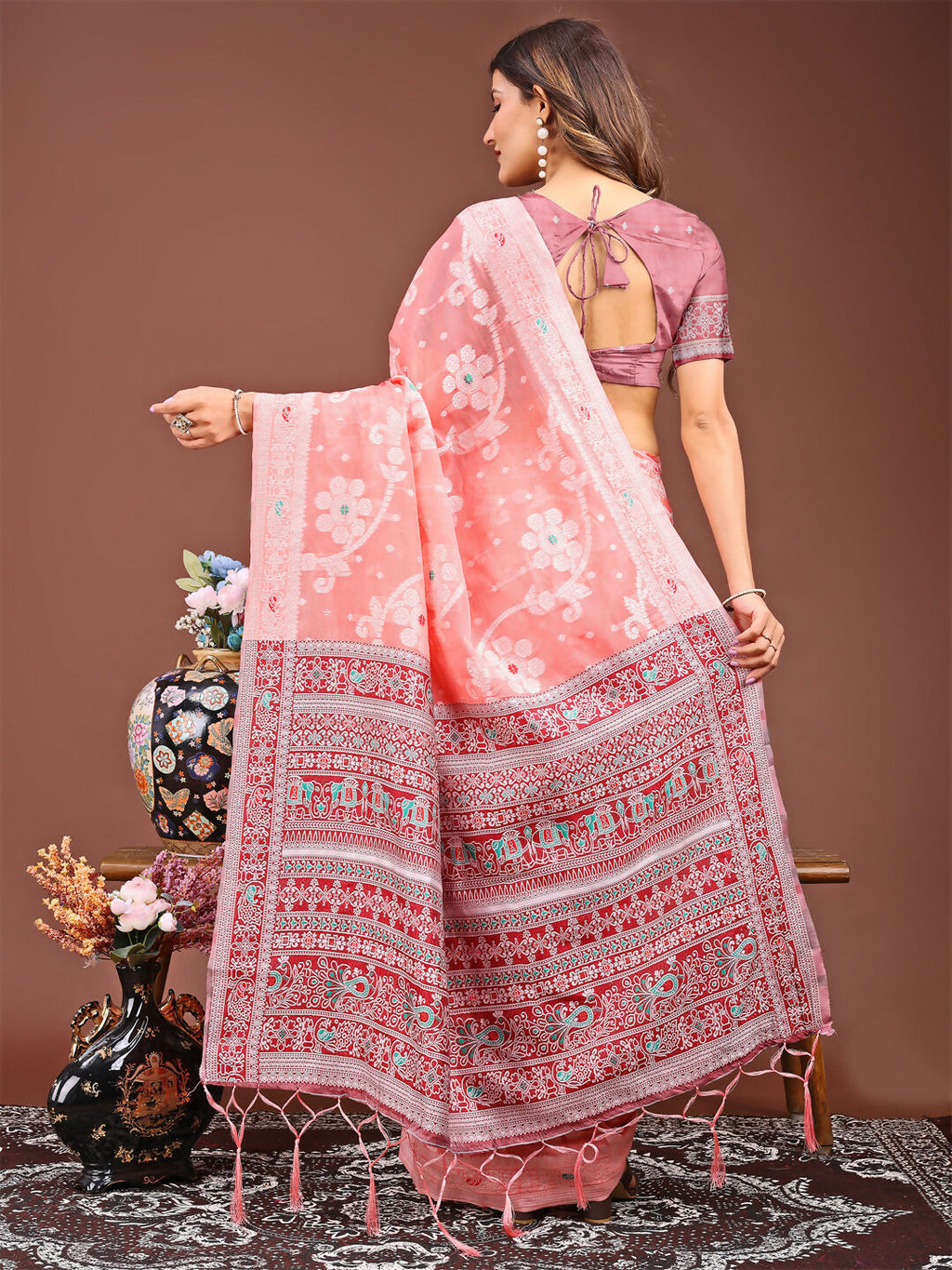 Shree Shyam Fashion Anaya Peach Linen Cotton Saree | Grocsy