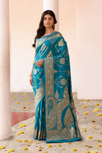 Joban Fashion Blue Banarasi Soft Pure Handloom Banarasi Silk Saree | Grocsy