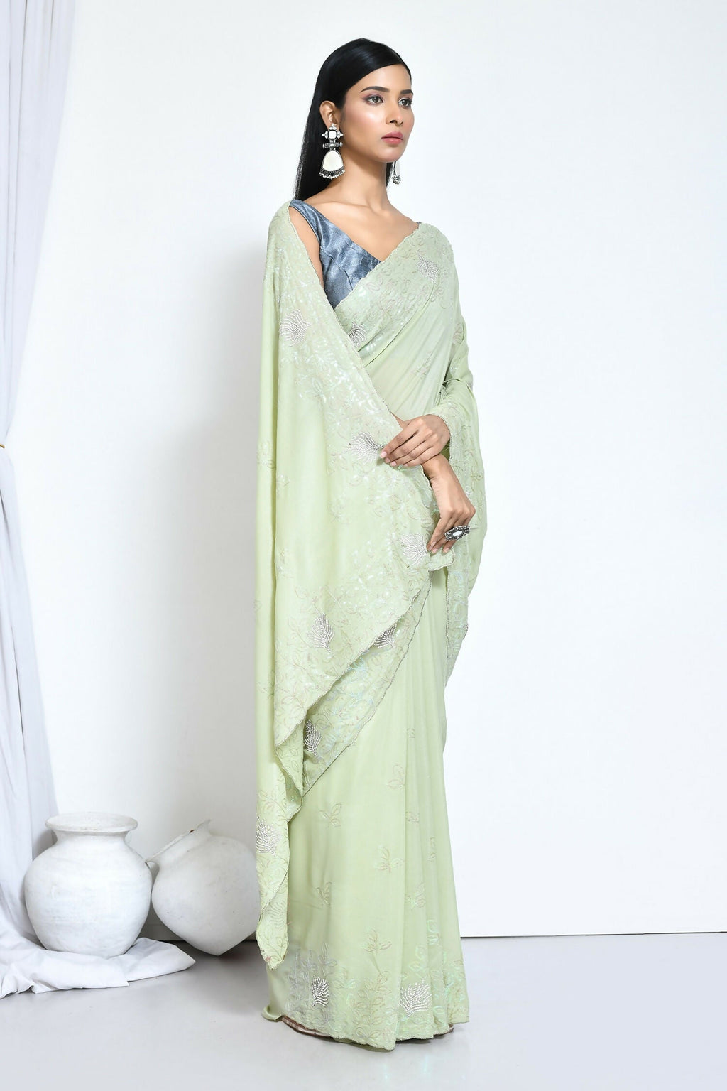 Green Crepe Silk Sequence Embroidered with Stone work Saree - Nimaya Benzy | Grocsy