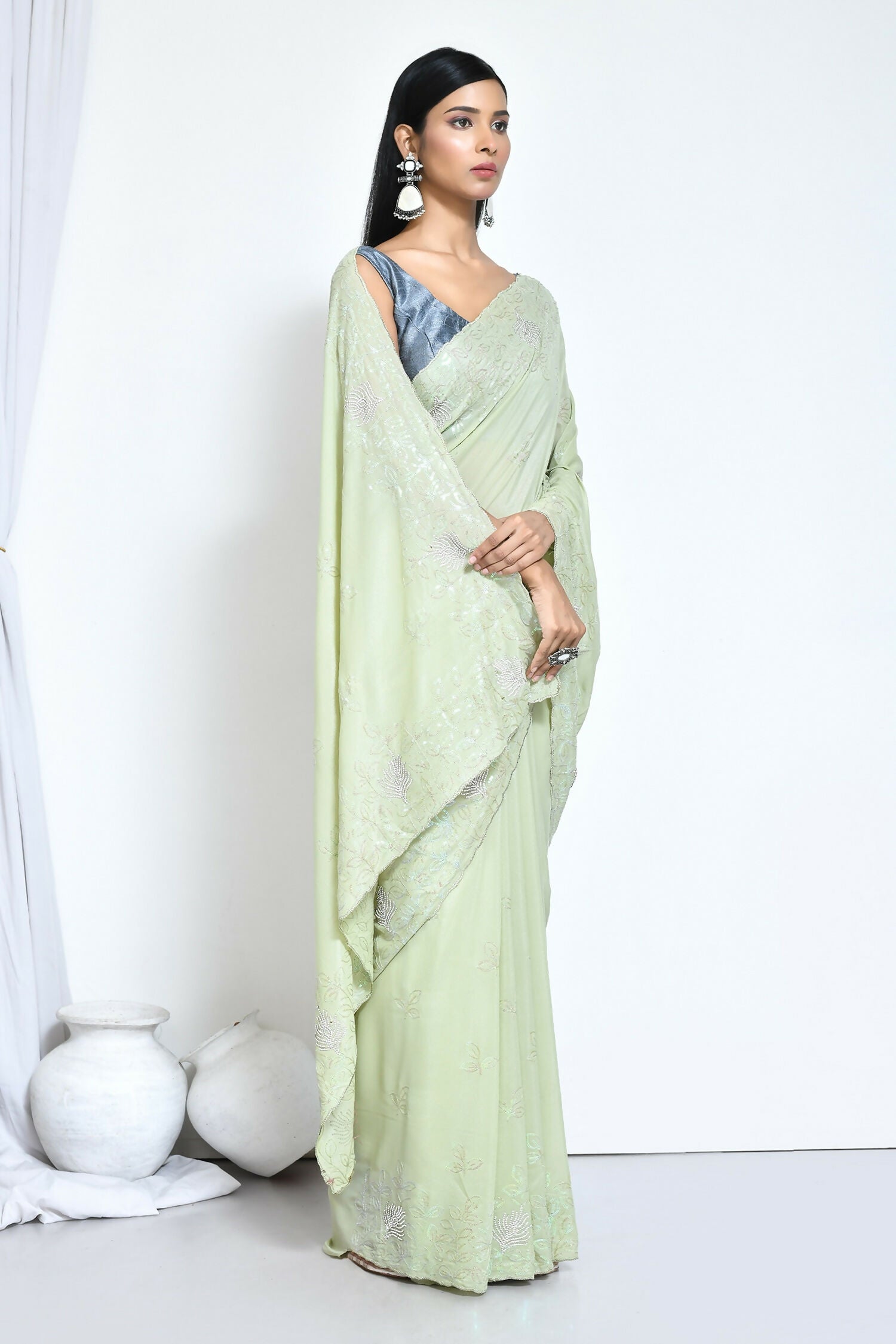 Green Crepe Silk Sequence Embroidered with Stone work Saree - Nimaya Benzy | Grocsy