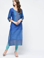 Indian Clothing Cheera Hand Block Print Royal Blue Color Straight Kurta | Grocsy