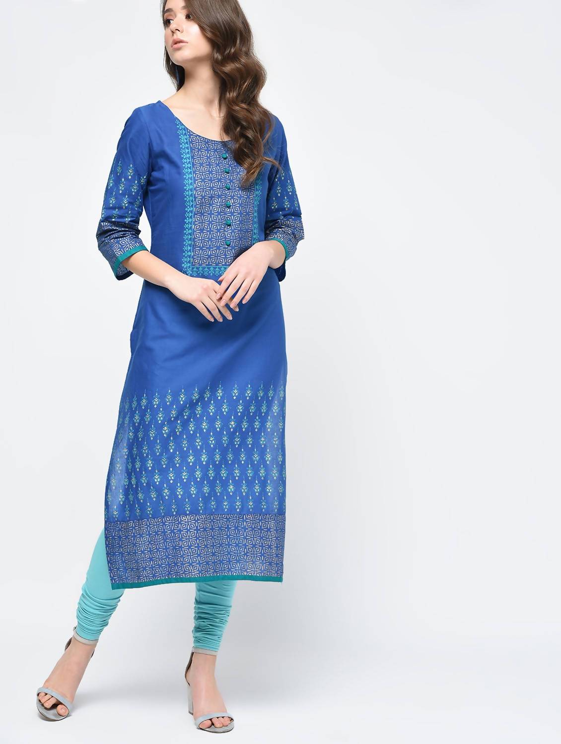Indian Clothing Cheera Hand Block Print Royal Blue Color Straight Kurta | Grocsy