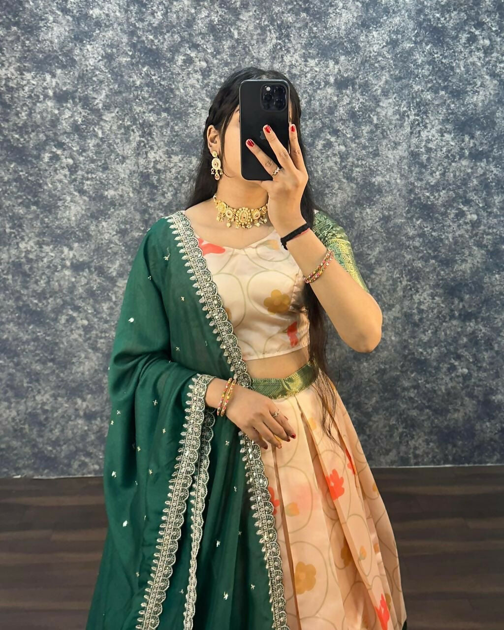 Teeya Creation Womens New Trendy Designer Green Floral Lehenga Choli Set with Contrast Border and Dupatta Set | Grocsy