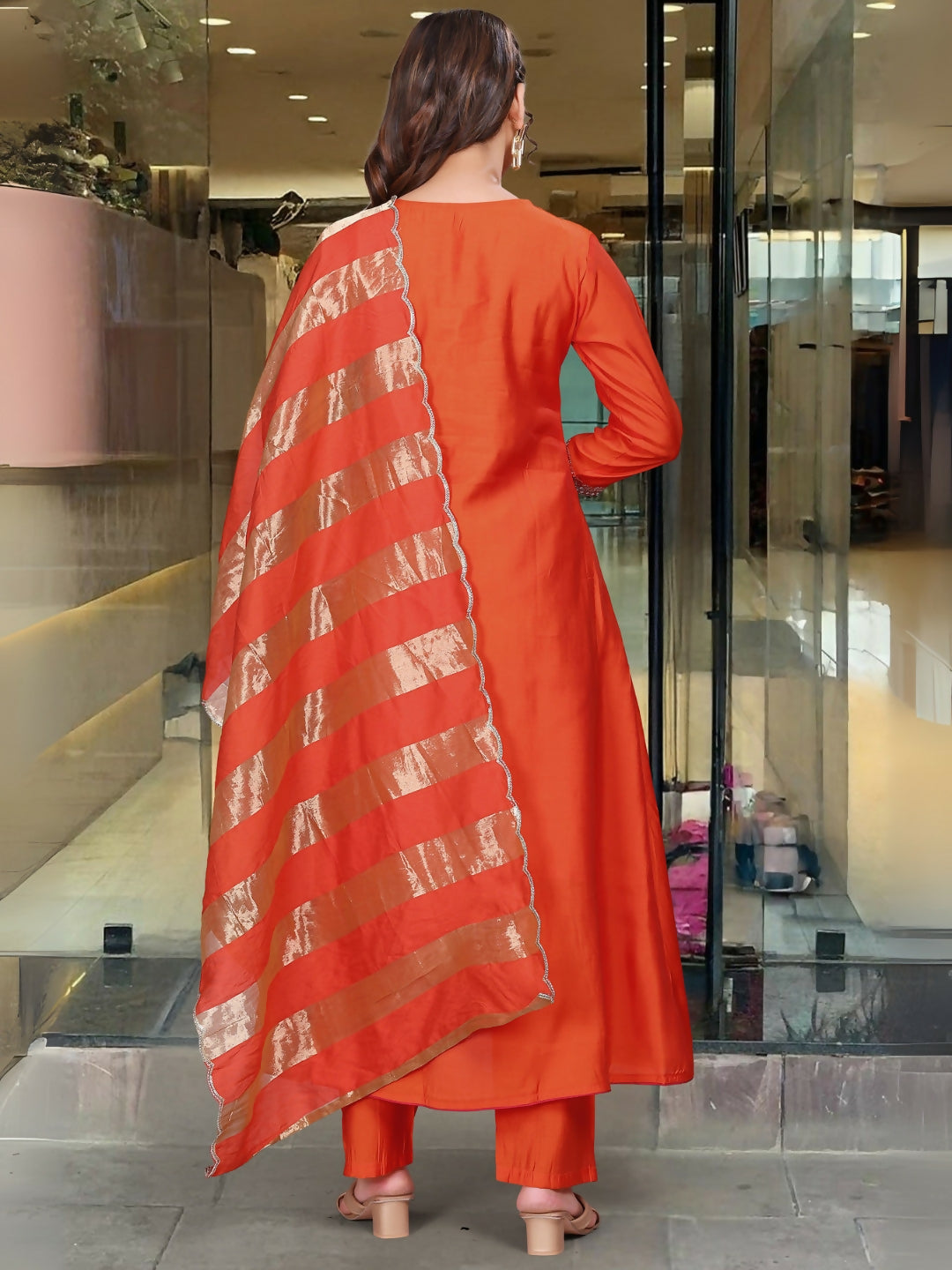 The52 Rust Women's Gorgeous Embroidered Work Chanderi Fabric Flared Kurta Pant and Dupatta Set | Grocsy